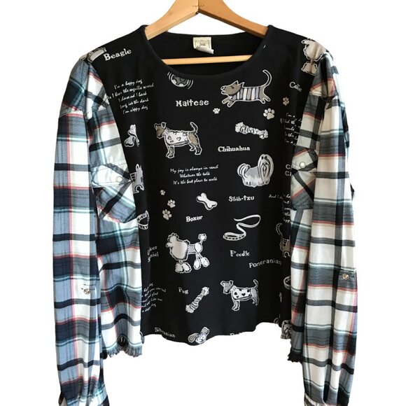 Upcycled Flannel Puppy Print Shirt, Size S-M: Oversized Sweater Top, Fringy Hem - Picture 1 of 13